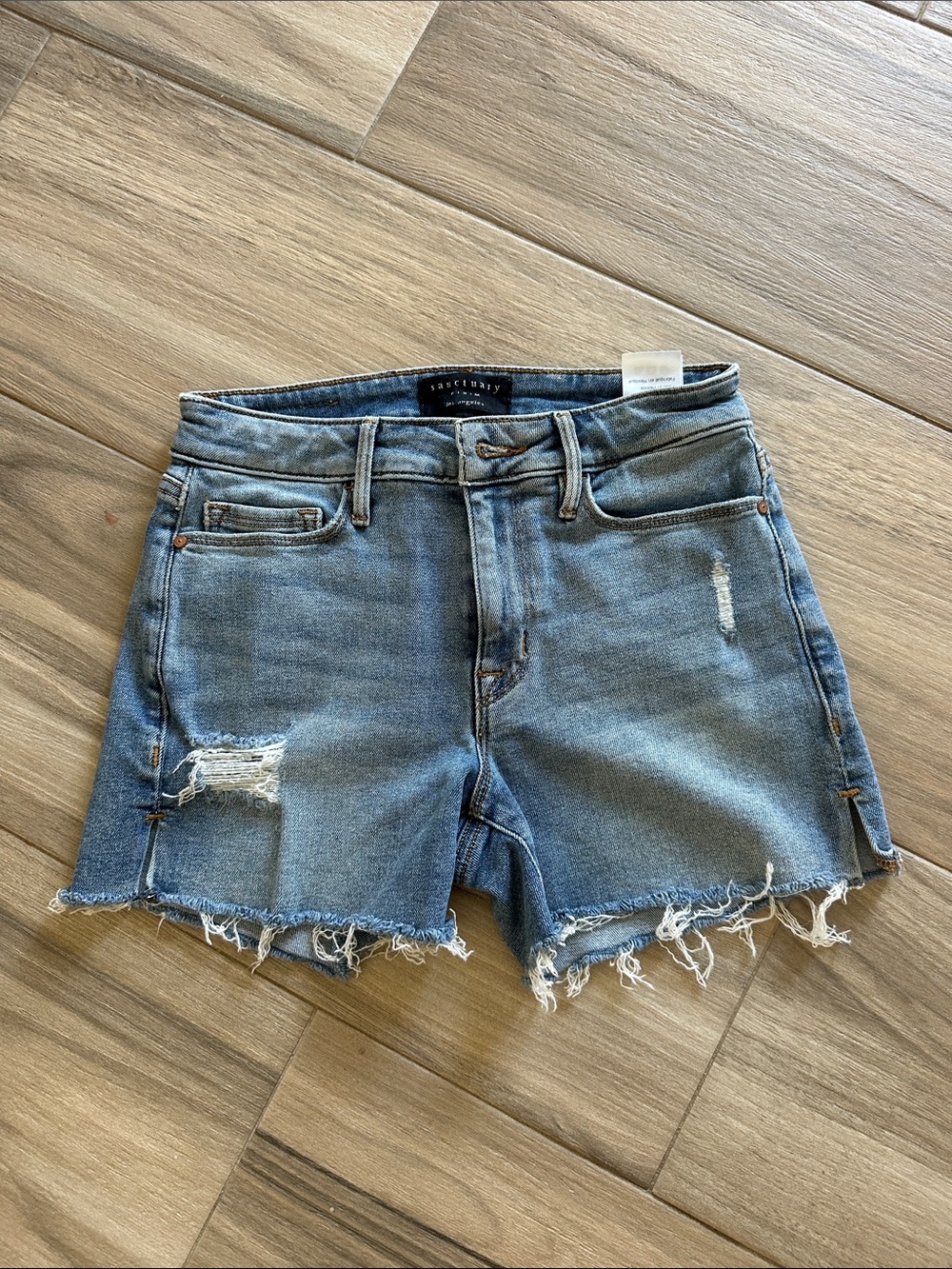 Sanctuary Distressed Denim Jean Shorts in Light Blue Wash
